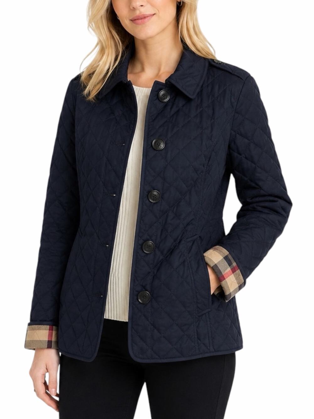 Burberry Ashurst Diamond Quilted Jacket Check Lining Dark Blue Size XS